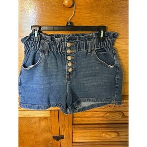 Indie Y2K Boho Chic Paperbag Waist Denim Shorts Medium Wash Button Fly Mom Short